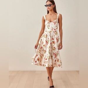 Reformation Dolci Fruit Print Linen Bustier Summer Midi Dress